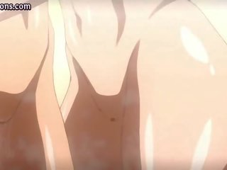 Two busty anime babes licking prick